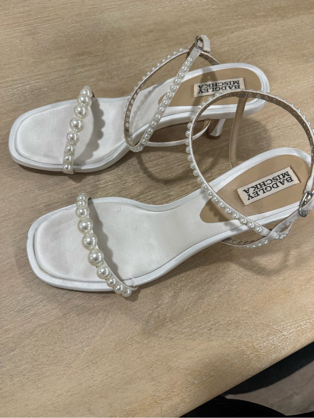 Badgley Mischka White Pearl-Embellished Strappy Heels